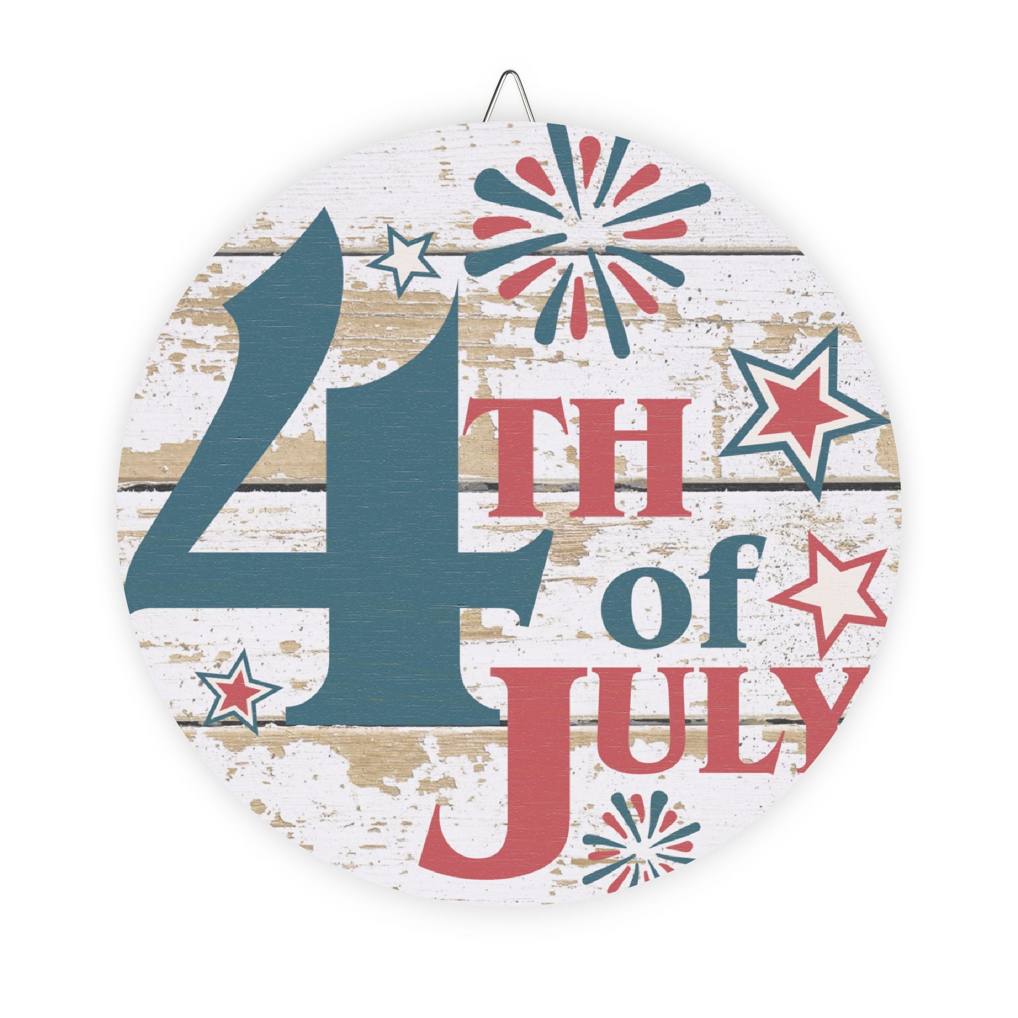 Decorative sign with '4th of July' text and fireworks on a white background