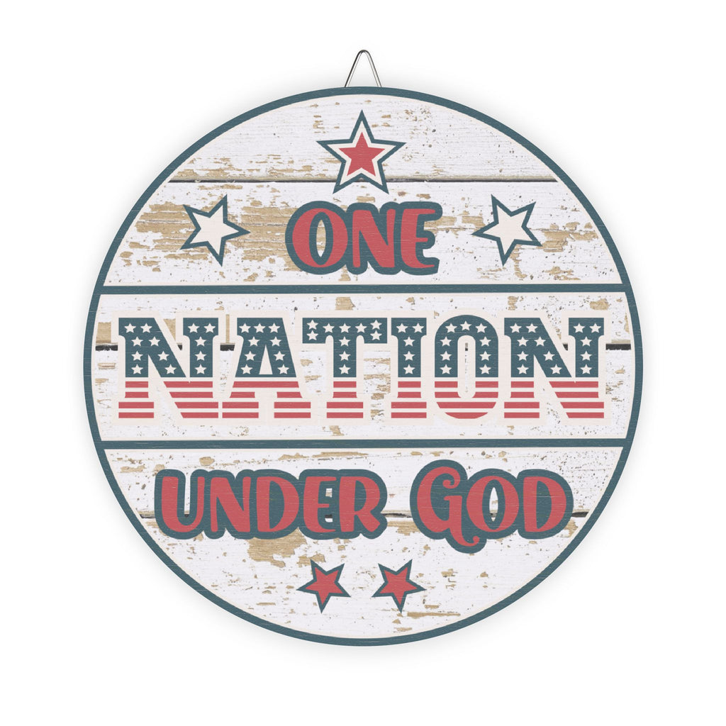 Round wooden sign with 'One Nation Under God' text and stars on a white background