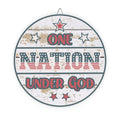 Round wooden sign with 'One Nation Under God' text and stars on a white background