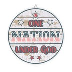 Round wooden sign with 'One Nation Under God' text and stars on a white background