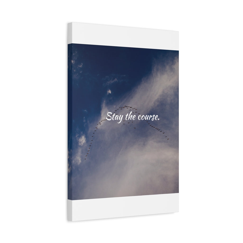 Notebook with 'Stay the course.' text over a sky and bird migration image