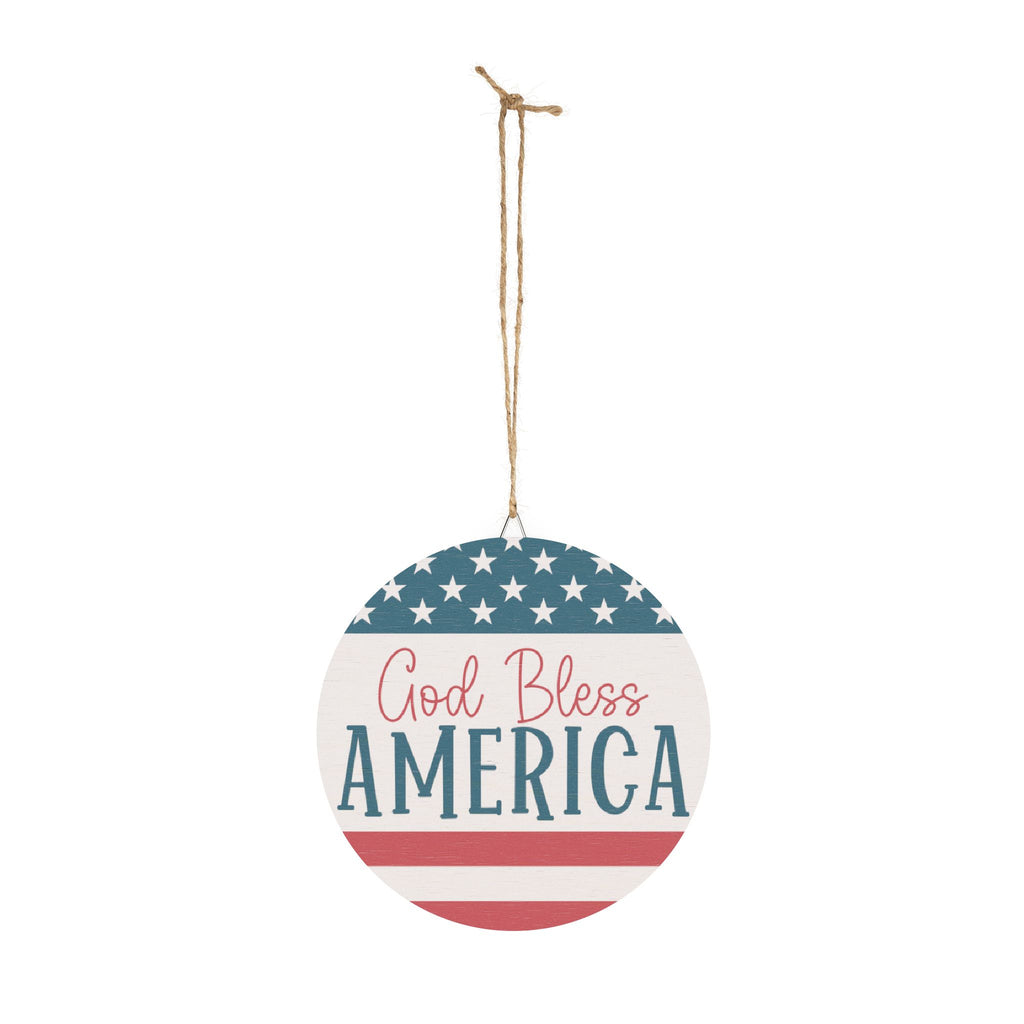 Round hanging sign with 'God Bless America' text and American flag design on a white background