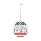 Round hanging sign with 'God Bless America' text and American flag design on a white background