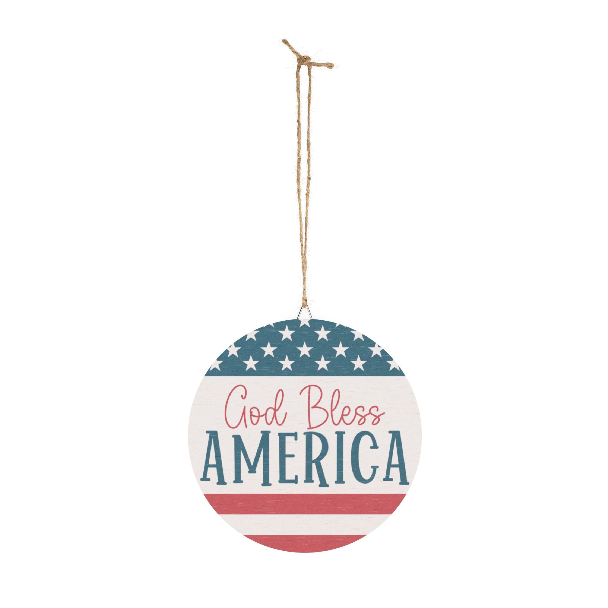 Round hanging sign with 'God Bless America' text and American flag design on a white background