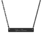 Black bar necklace with 'Your Name' engraving on a white background