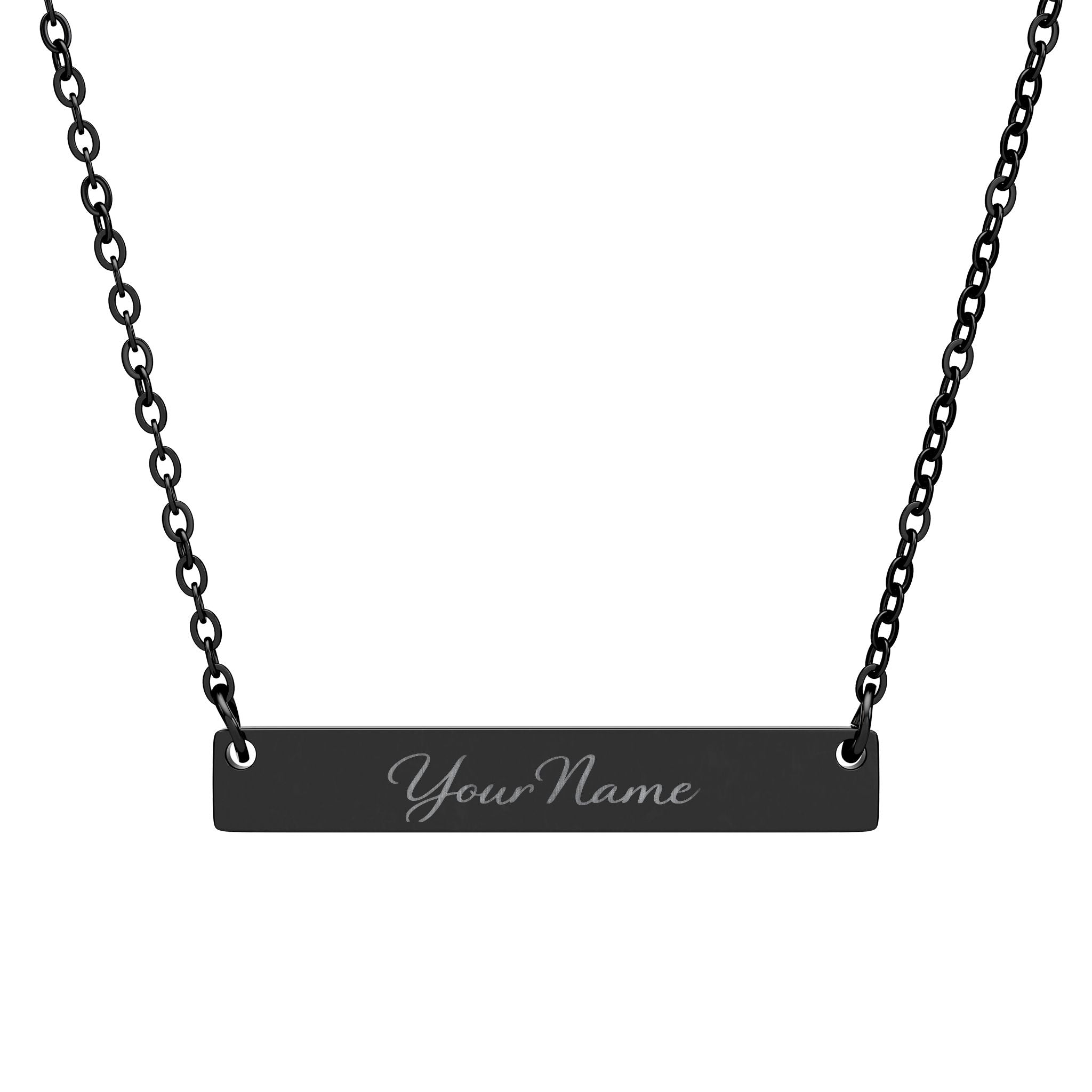 Black bar necklace with 'Your Name' engraving on a white background