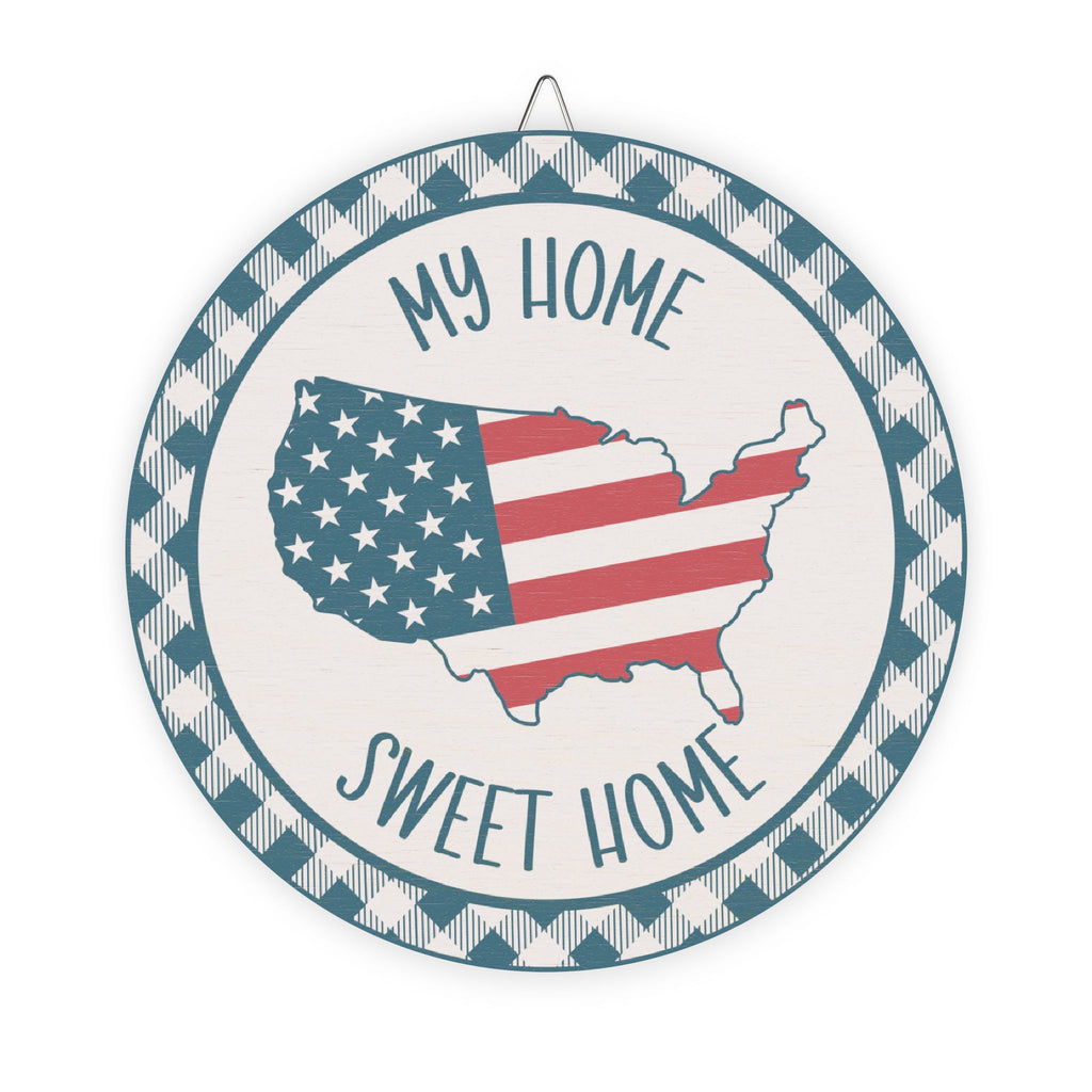 Decorative sign with American flag map and 'My Home Sweet Home' text on a white background