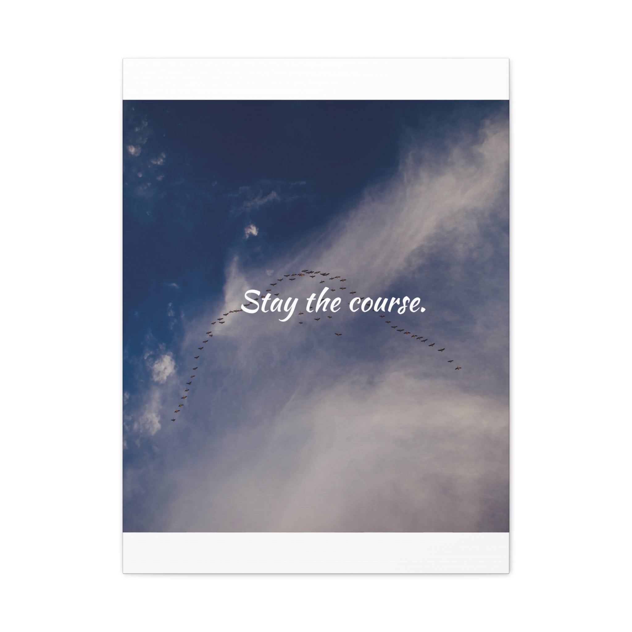 A flock of birds flying in a V-formation against a blue sky with the text 'Stay the course.'