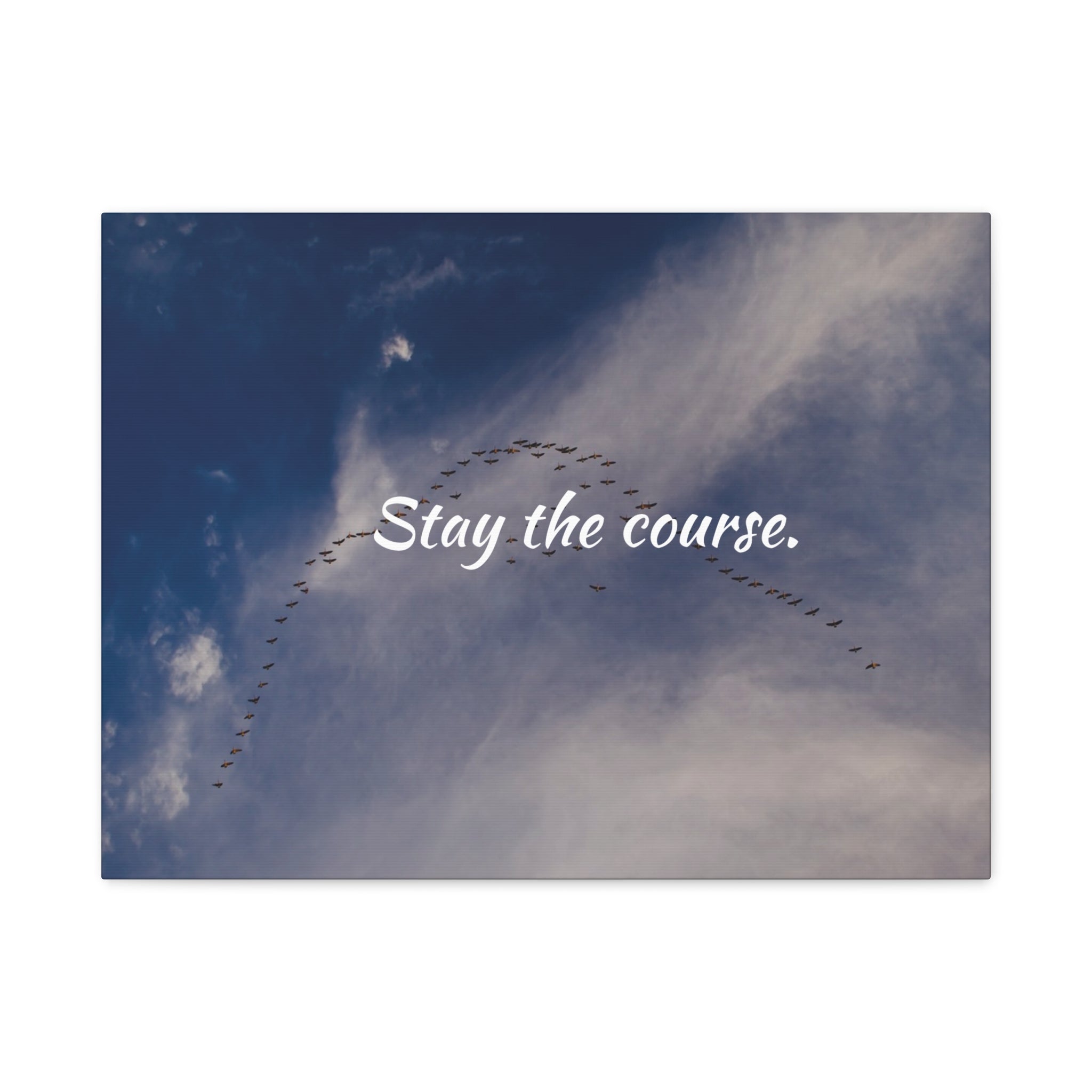 Birds flying in a V-formation against a blue sky with the text 'Stay the course.'
