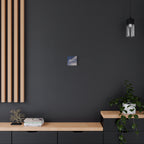 Modern interior with a dark wall, wooden shelf, and decorative items.
