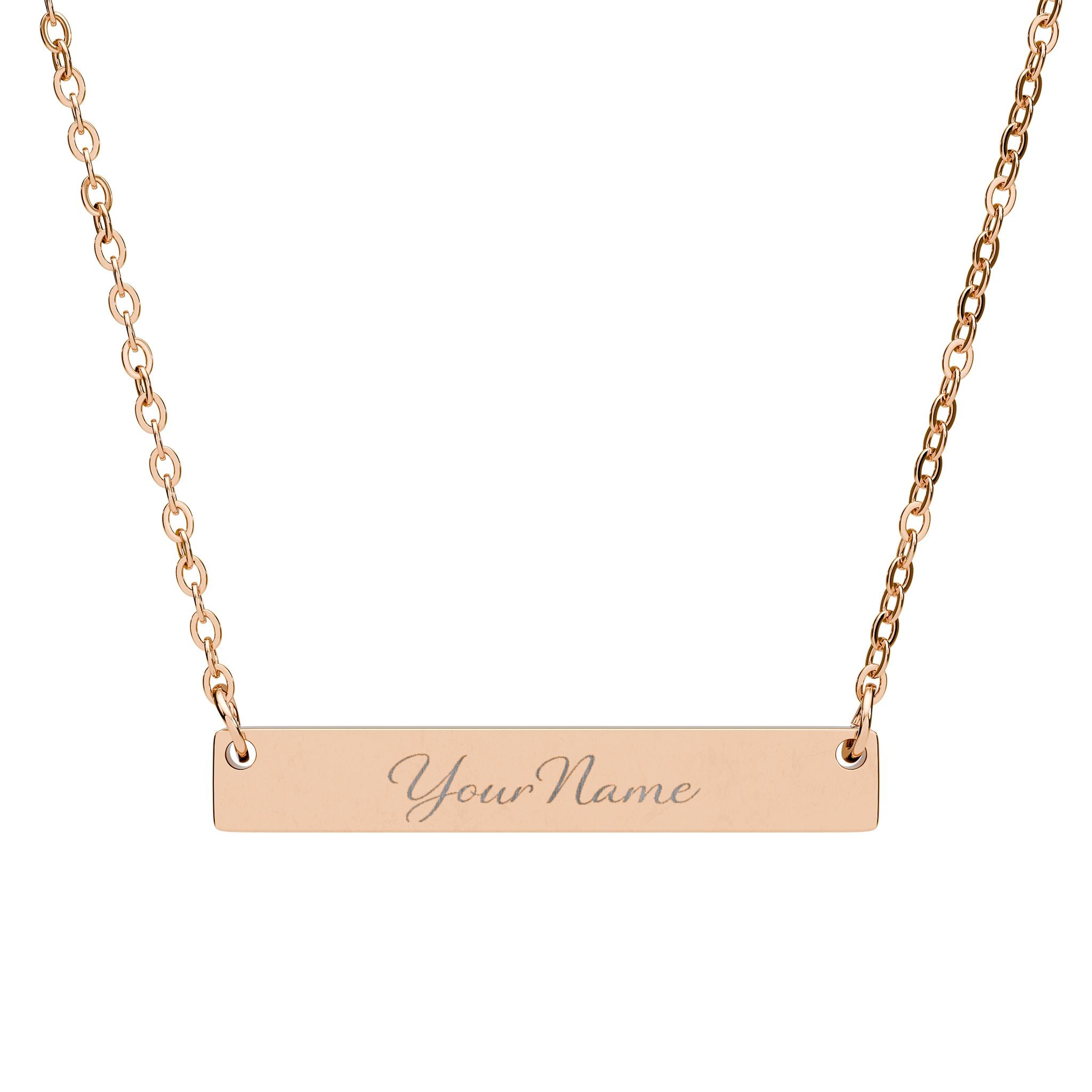 Rose gold necklace with 'Your Name' engraving on a white background