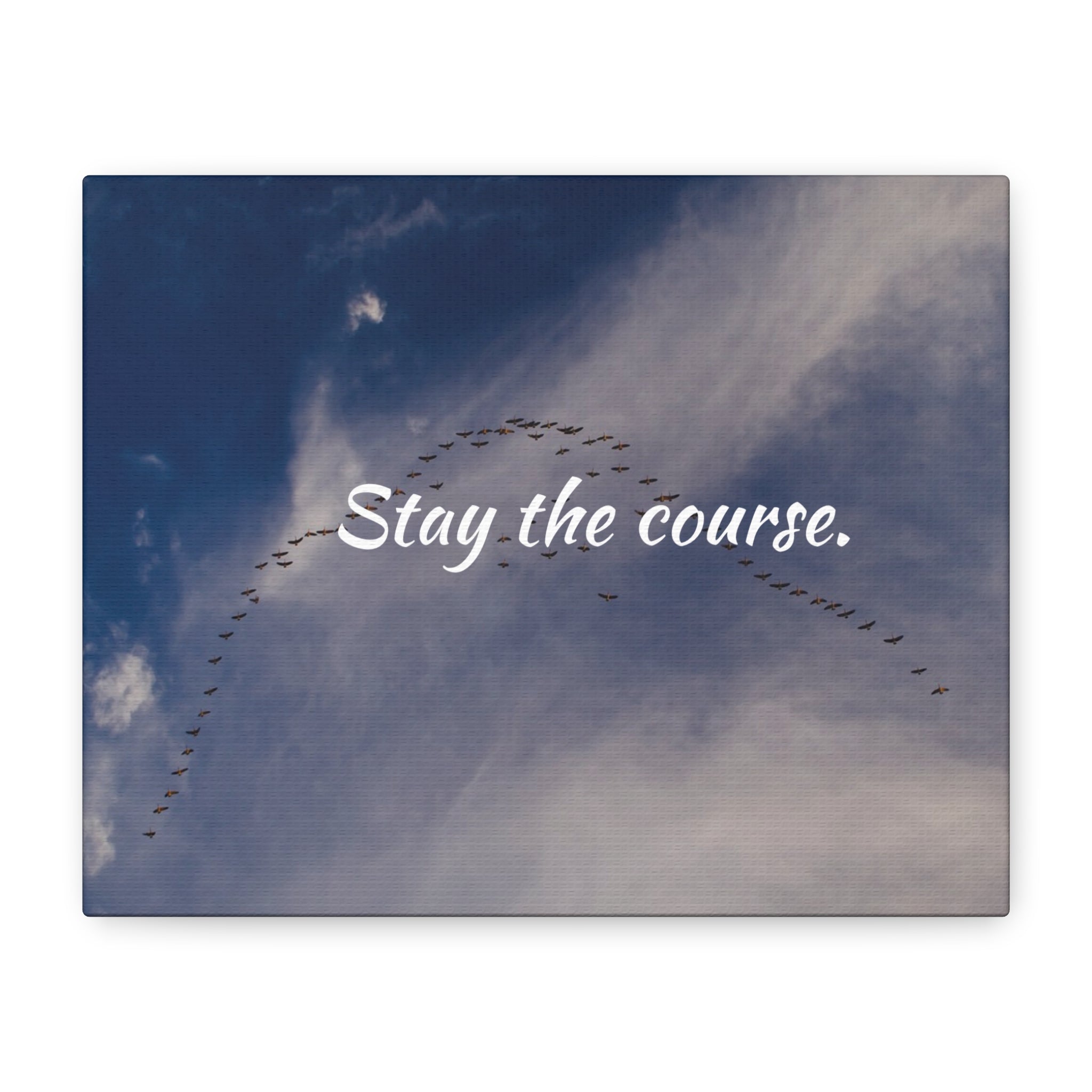 Birds flying in a V-formation against a blue sky with the text 'Stay the course.'