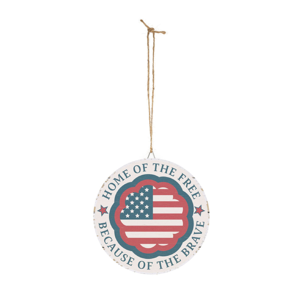 Decorative hanging sign with American flag design and text on a white background