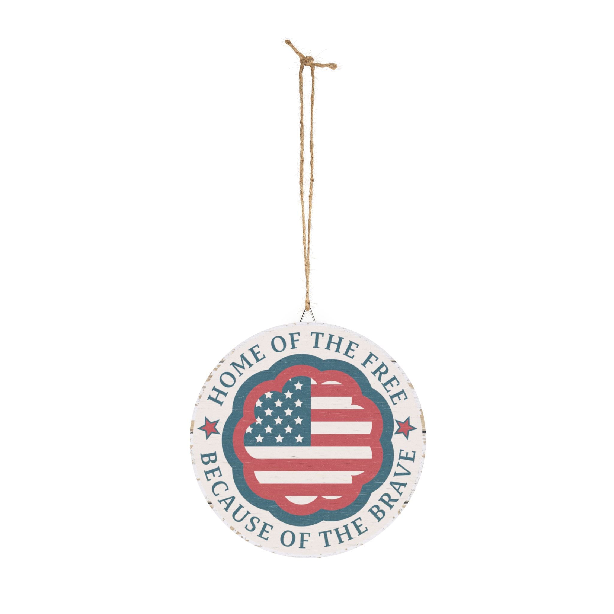Decorative hanging sign with American flag design and text on a white background