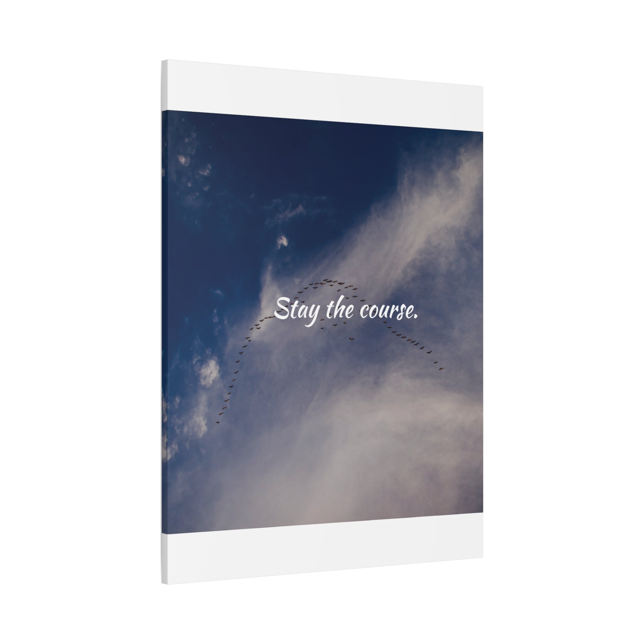 Book with 'Stay the course.' text against a blue sky with clouds and bird migration pattern.