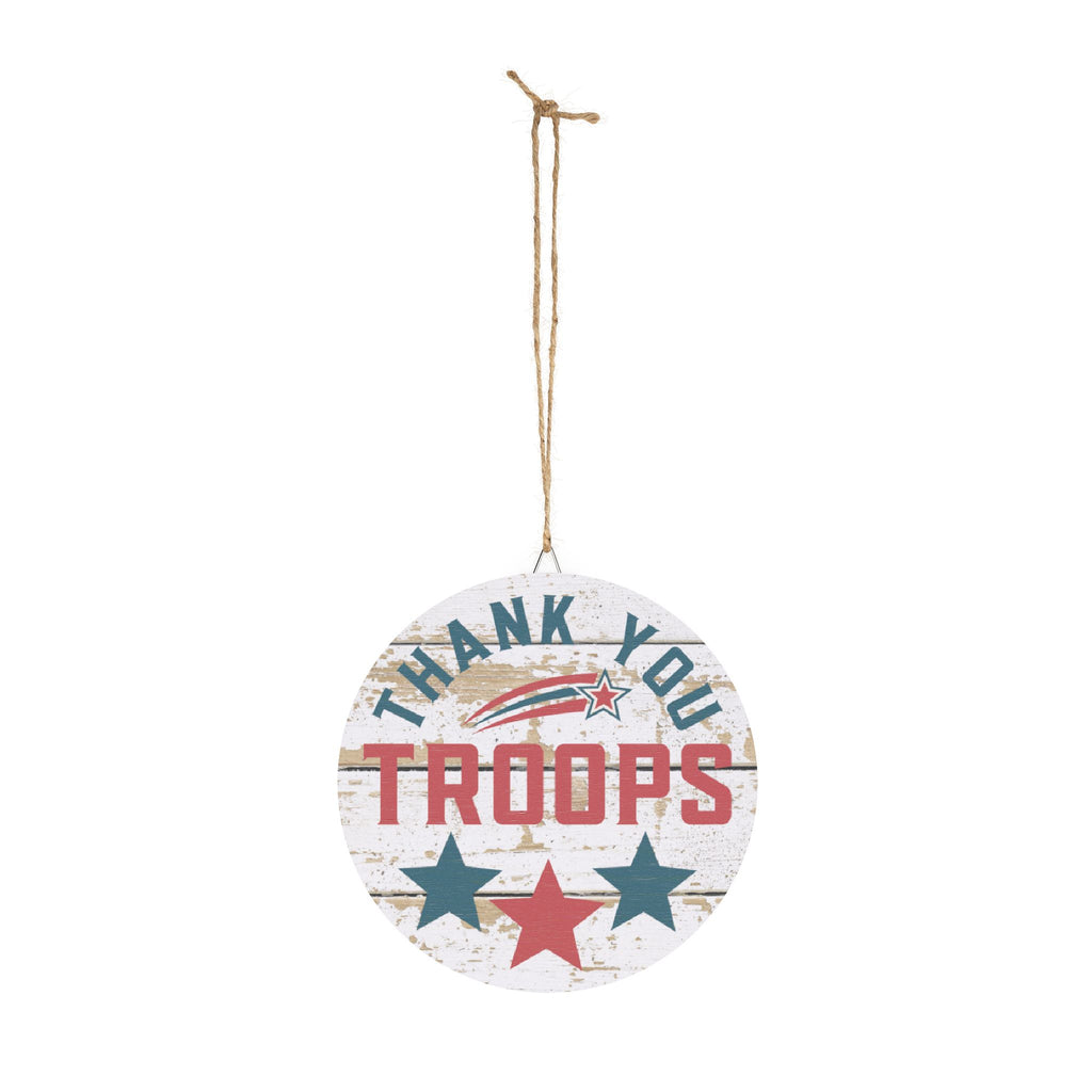 Round wooden sign with 'Thank You Troops' text and stars on a white background
