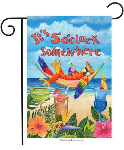 Decorative flag with tropical scene and 'It's 5 o'clock somewhere' text.