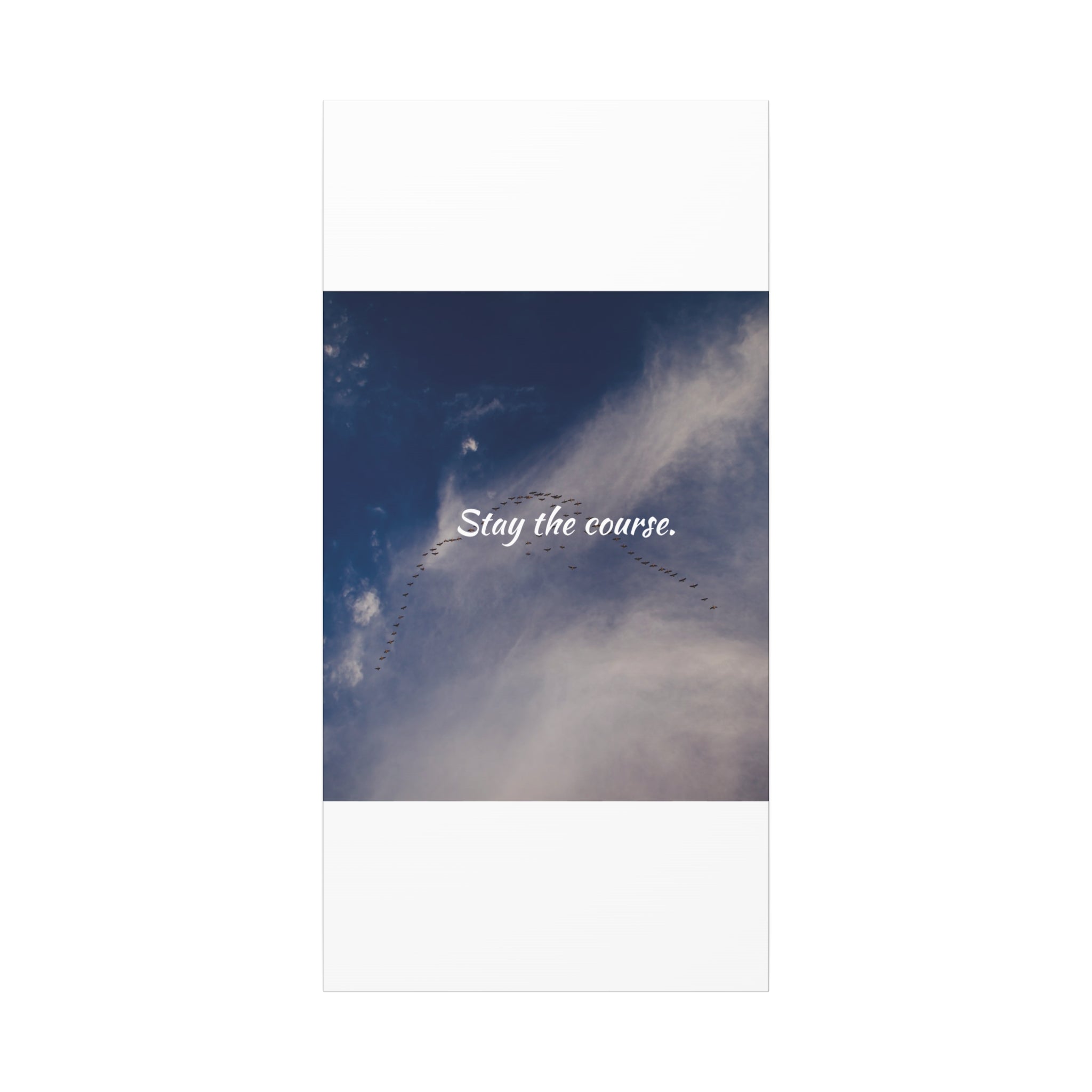 Motivational poster with 'Stay the course.' text against a blue sky background.