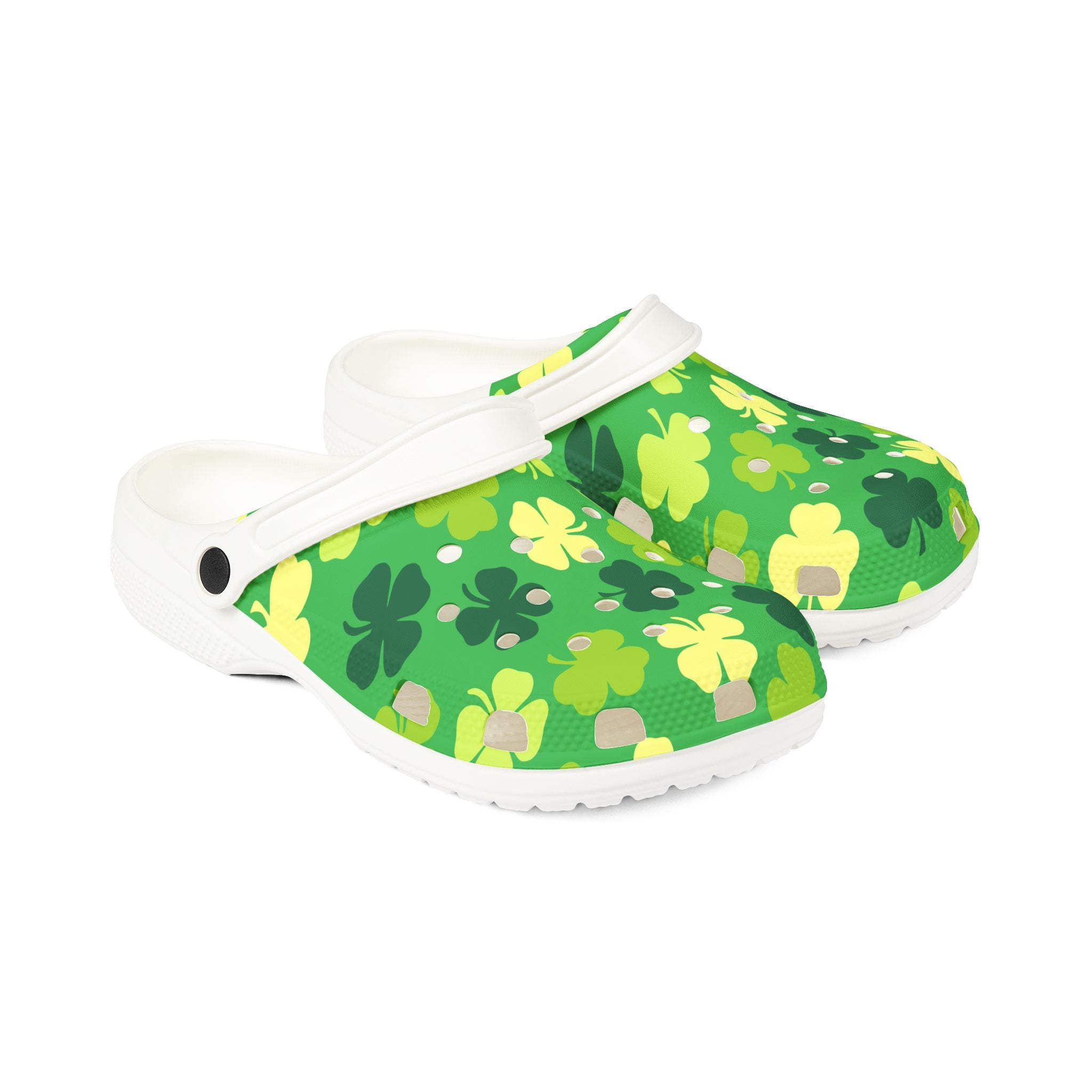 Green clogs with shamrock pattern on a white background