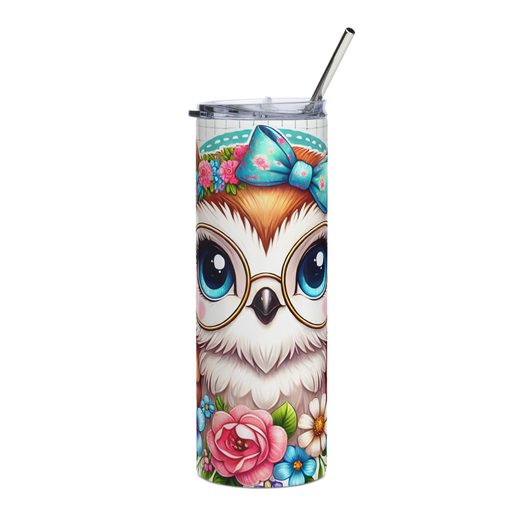 Pastel Ribbon Stainless Steel Tumbler – Cute Owl with Glasses & Floral Bow