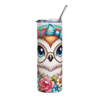 Pastel Ribbon Stainless Steel Tumbler – Cute Owl with Glasses & Floral Bow