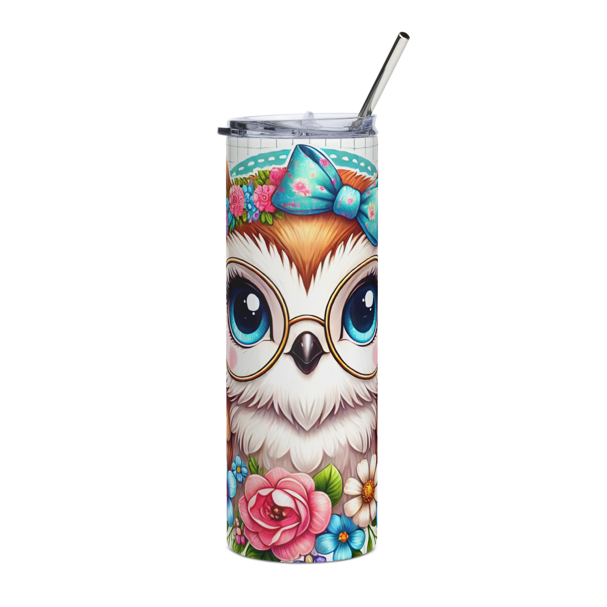 Pastel Ribbon Stainless Steel Tumbler – Cute Owl with Glasses & Floral Bow