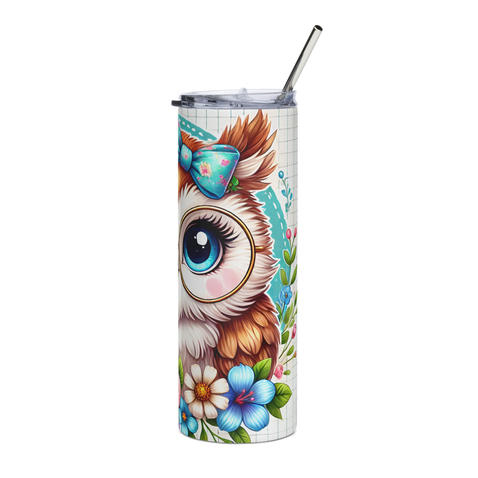 Pastel Ribbon Stainless Steel Tumbler – Cute Owl with Glasses & Floral Bow