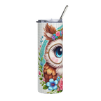 Pastel Ribbon Stainless Steel Tumbler – Cute Owl with Glasses & Floral Bow