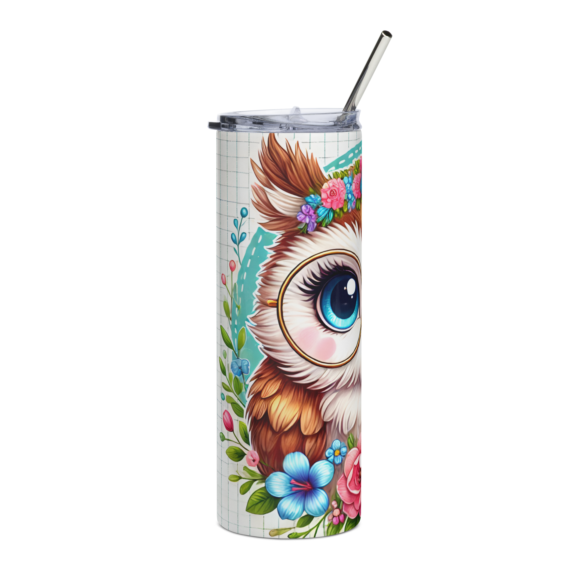 Pastel Ribbon Stainless Steel Tumbler – Cute Owl with Glasses & Floral Bow