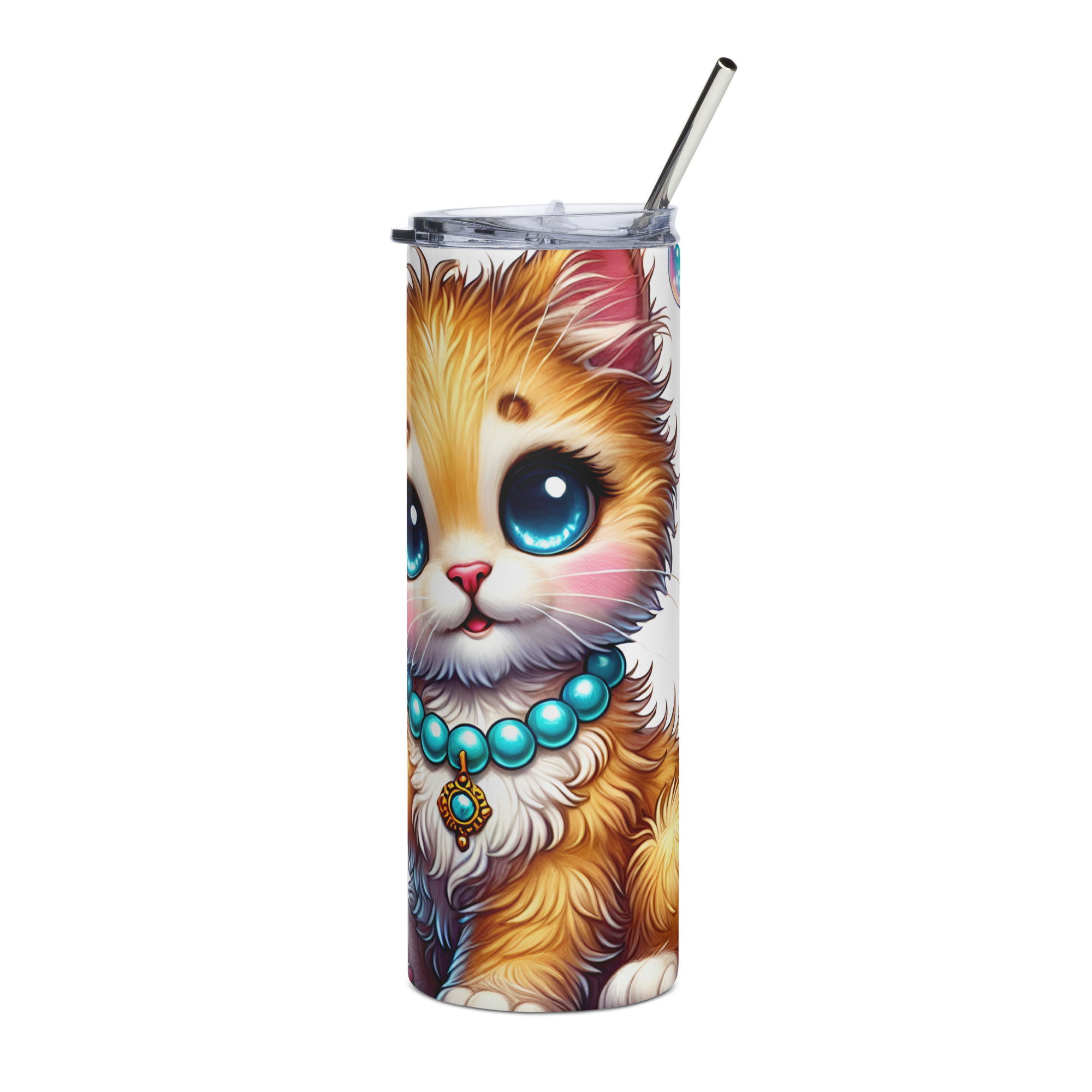 Kitty Necklace Stainless Steel Tumbler – Adorable Cat & Bubbles Design