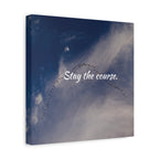 Canvas print with birds flying in a V-formation against a blue sky with clouds, featuring the text 'Stay the course.'