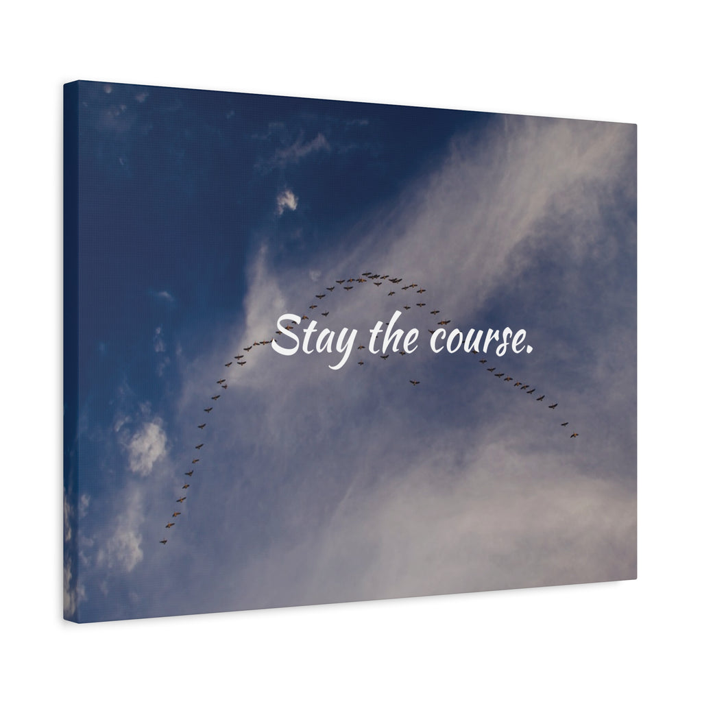 Flock of birds flying in a V-formation against a blue sky with the text 'Stay the course.'