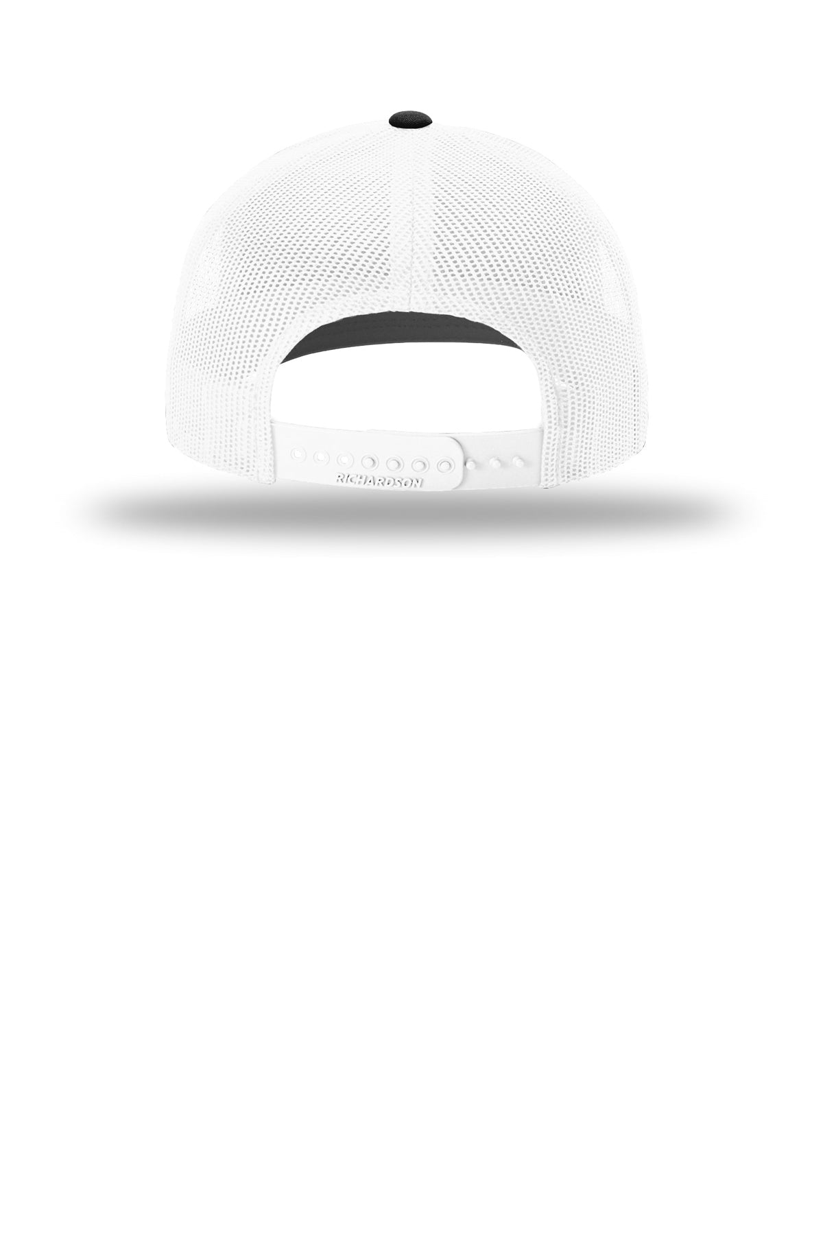 White cap with black brim on a white background