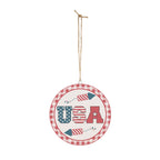 Decorative hanging sign with 'USA' text and checkered border on a white background