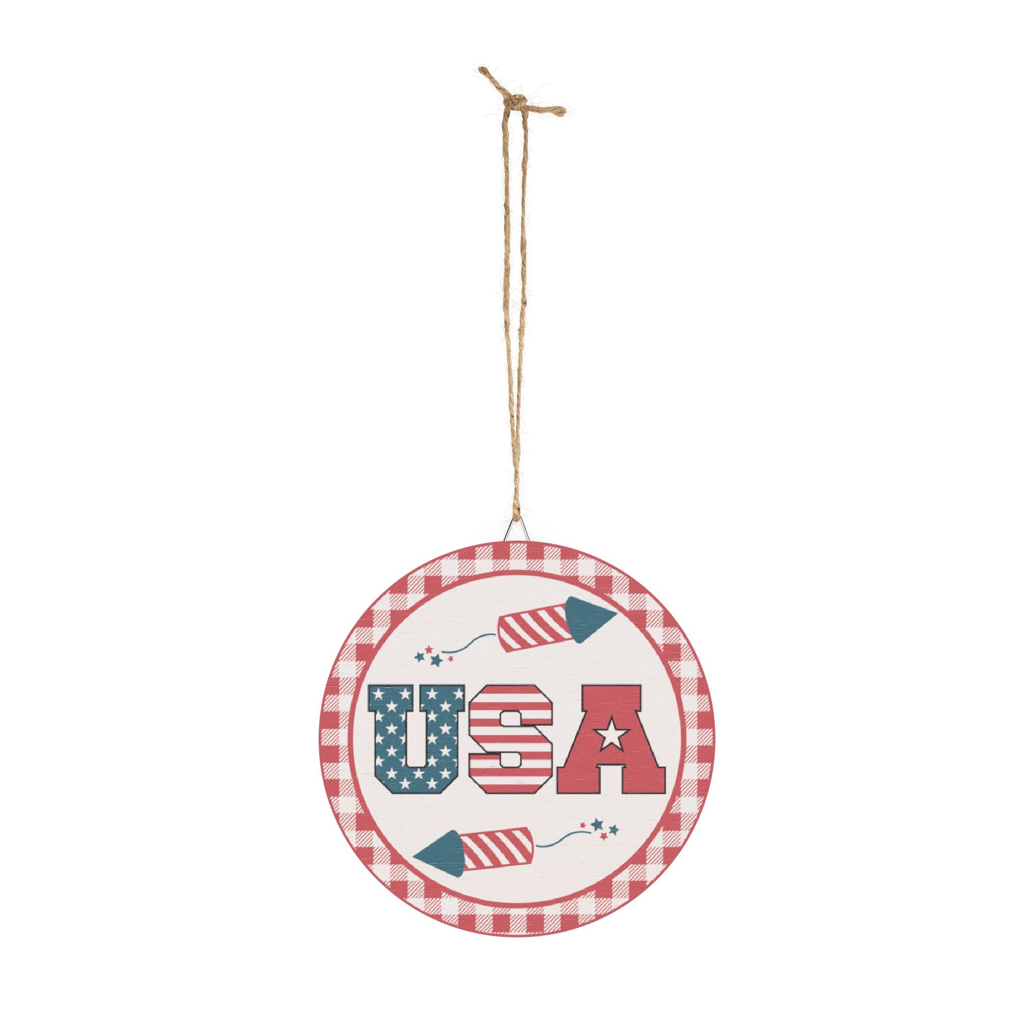 Decorative hanging sign with 'USA' text and checkered border on a white background