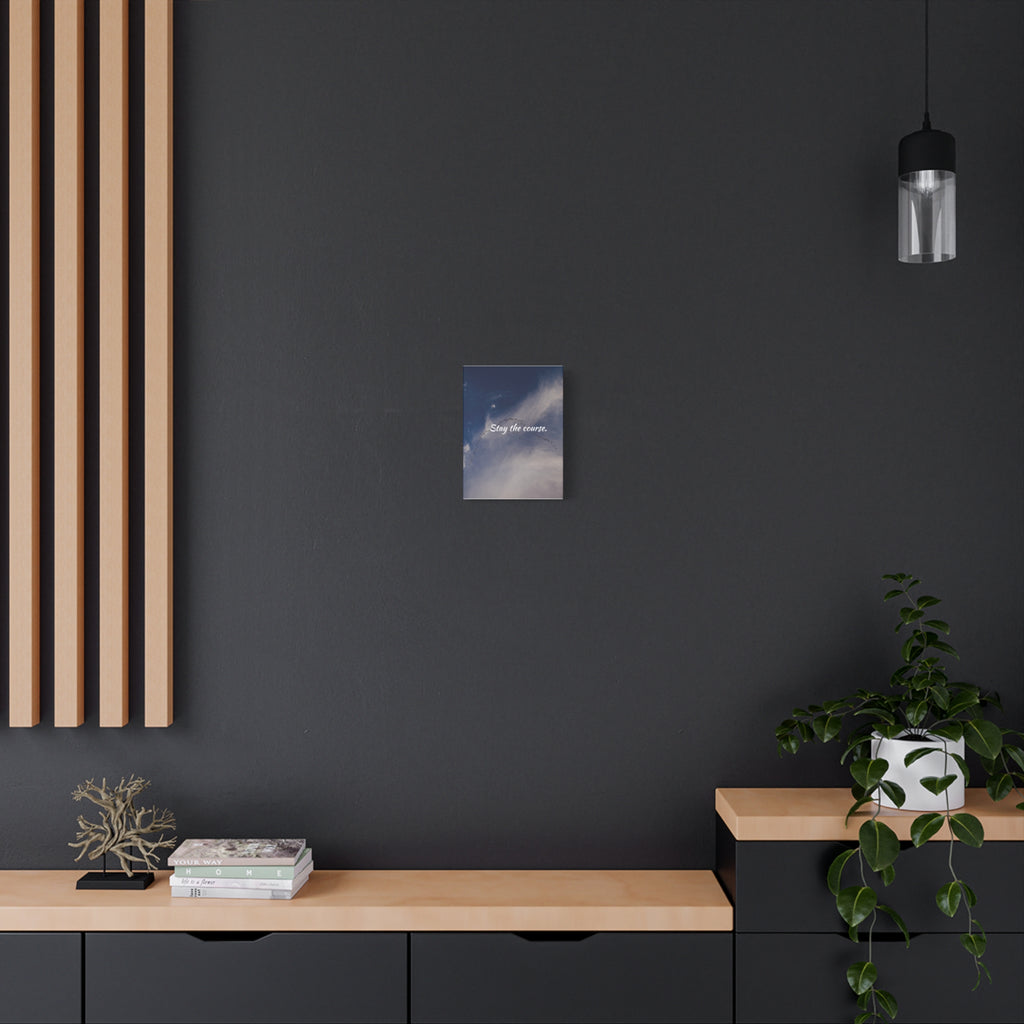Modern interior with a dark wall, wooden shelves, and a plant.