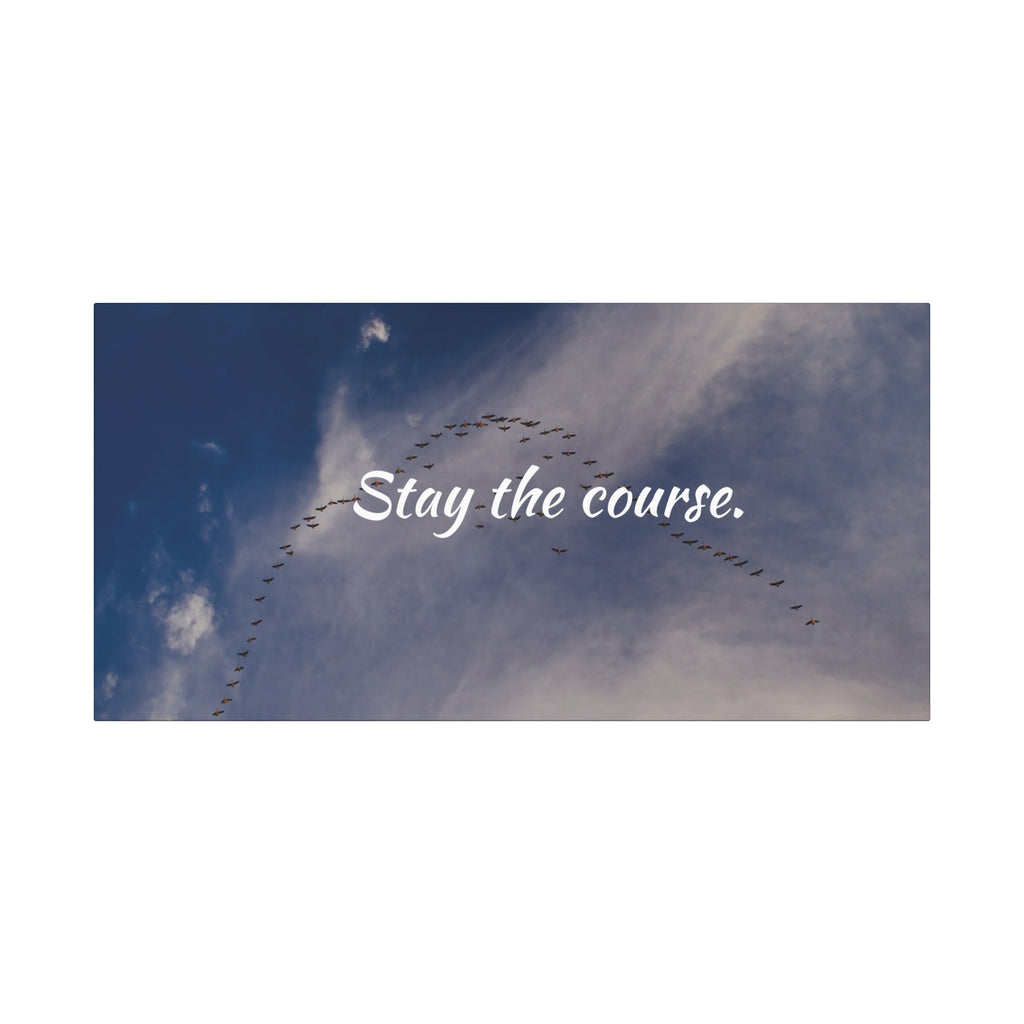 Birds flying in a V-formation against a blue sky with the text 'Stay the course.'