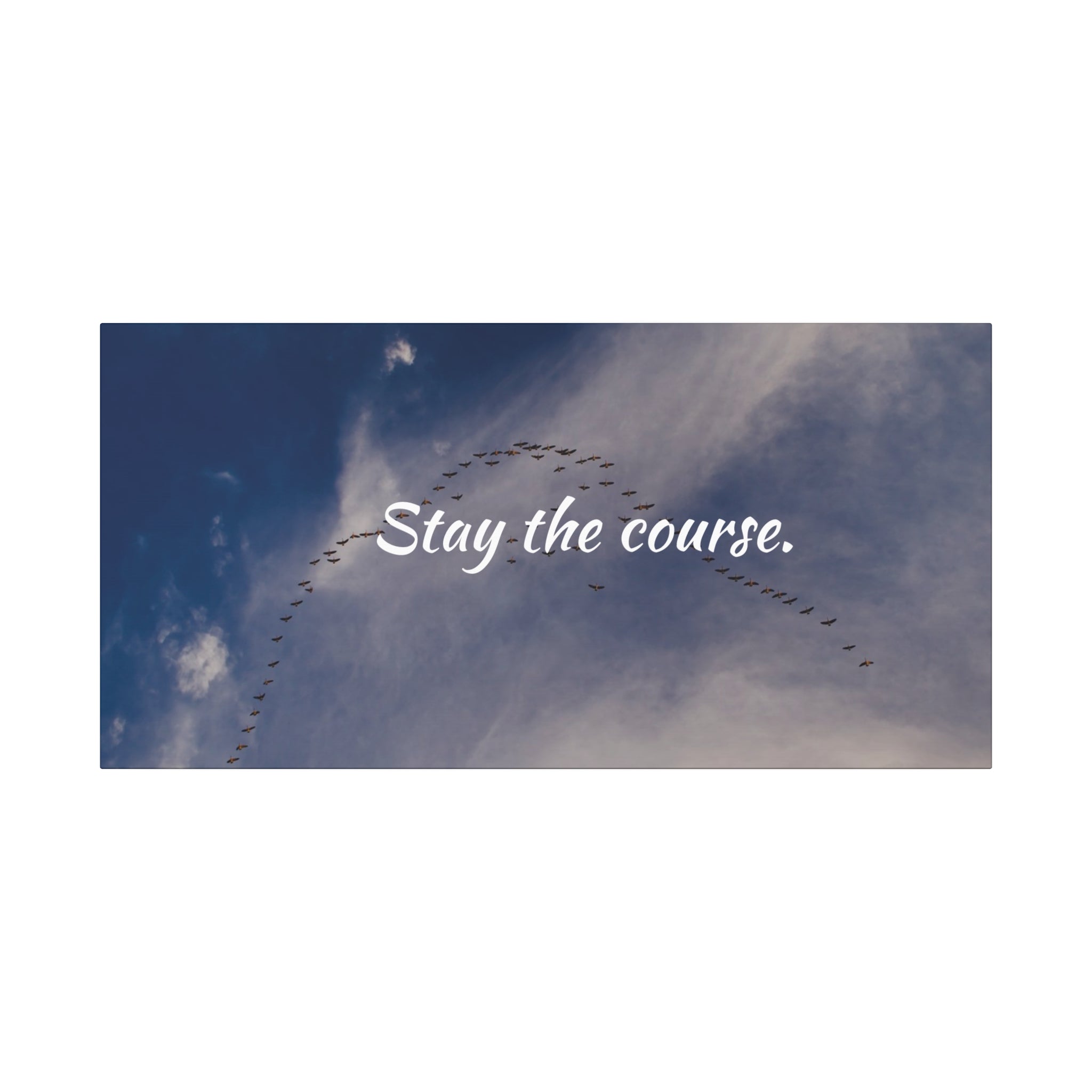 Birds flying in a V-formation against a blue sky with the text 'Stay the course.'