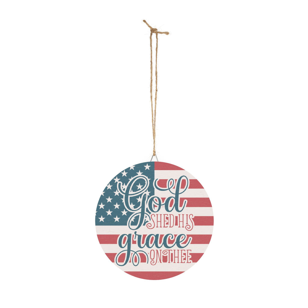 Decorative hanging sign with American flag design and text on a white background