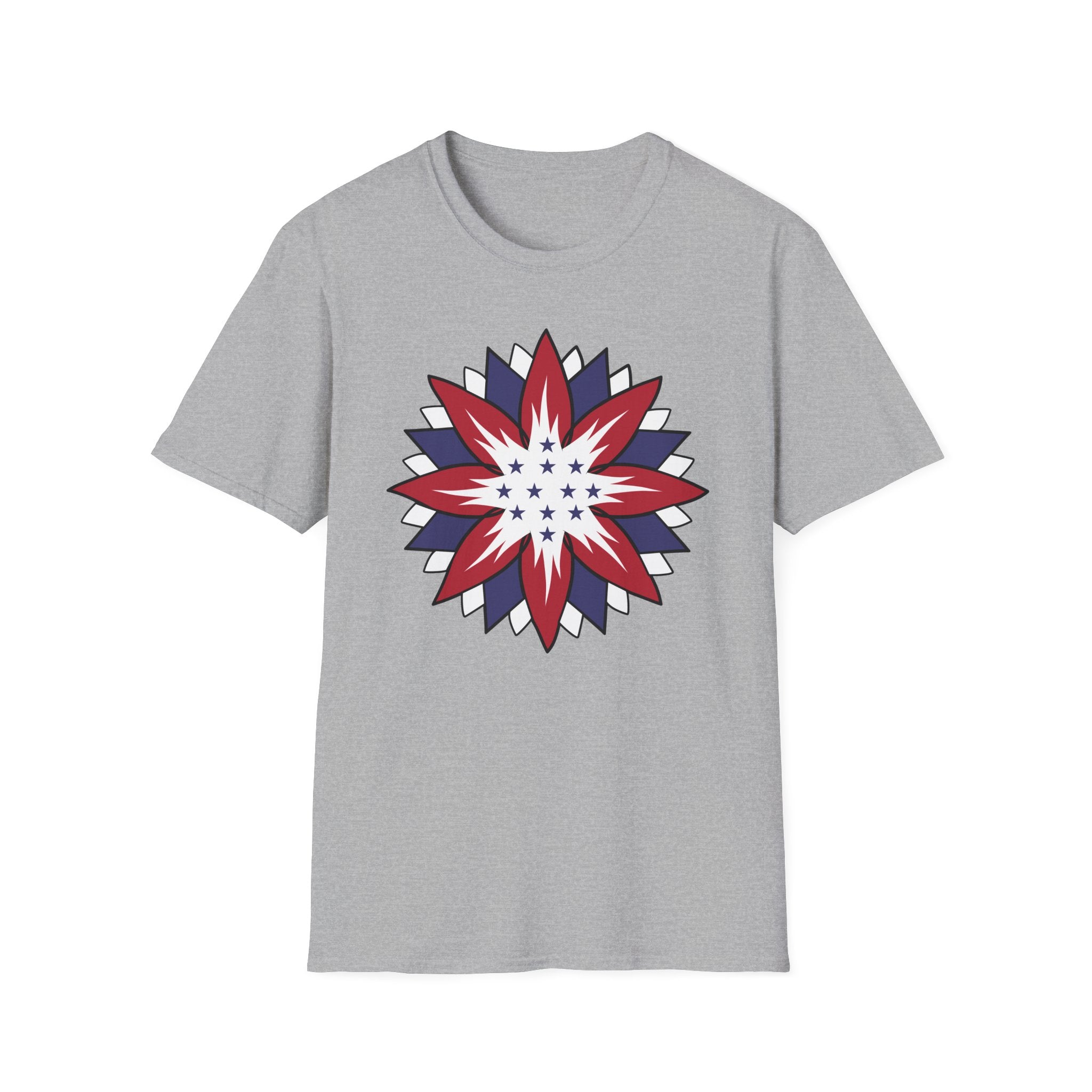 Sport Grey t-shirt with red, white & blue star burst graphic on a white background