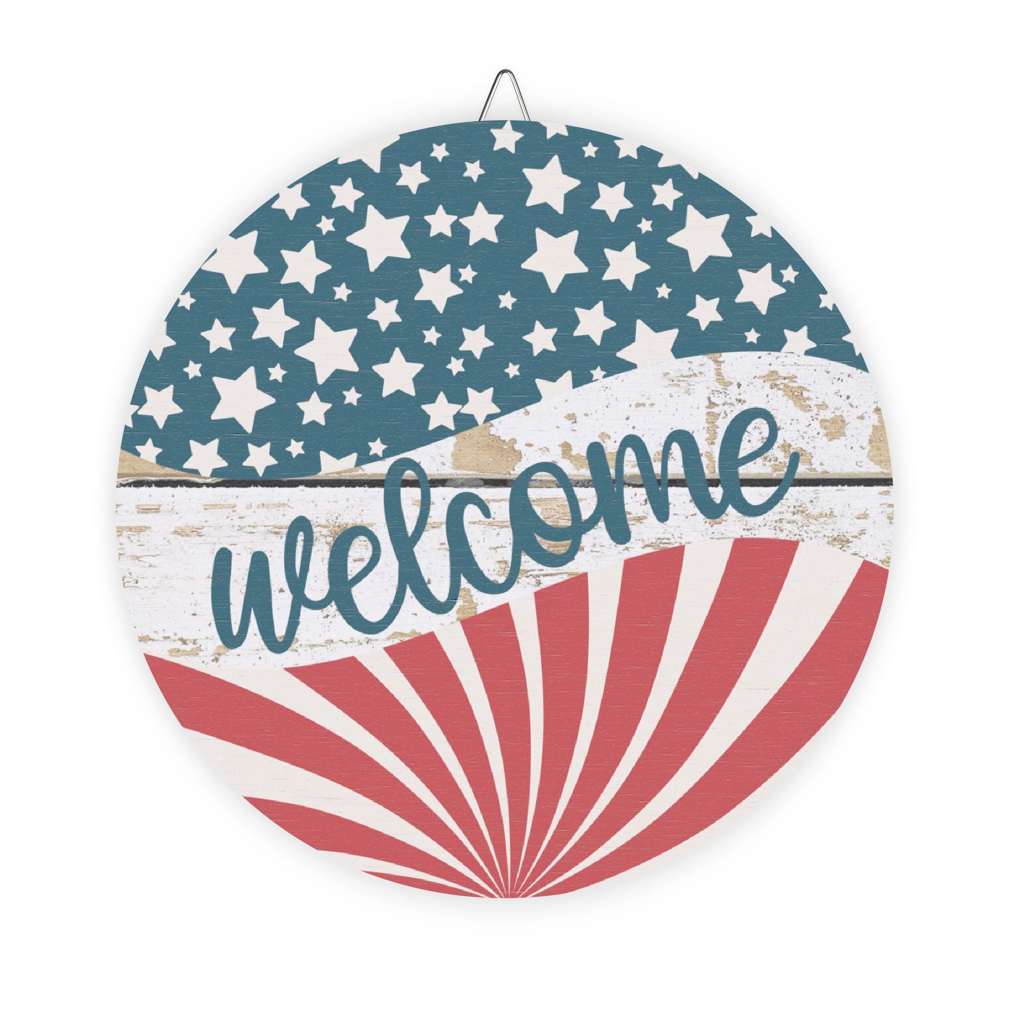 Round decorative sign with American flag pattern and 'welcome' text on a white background