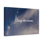Canvas print with birds flying in a V-formation against a blue sky, featuring the text 'Stay the course.'