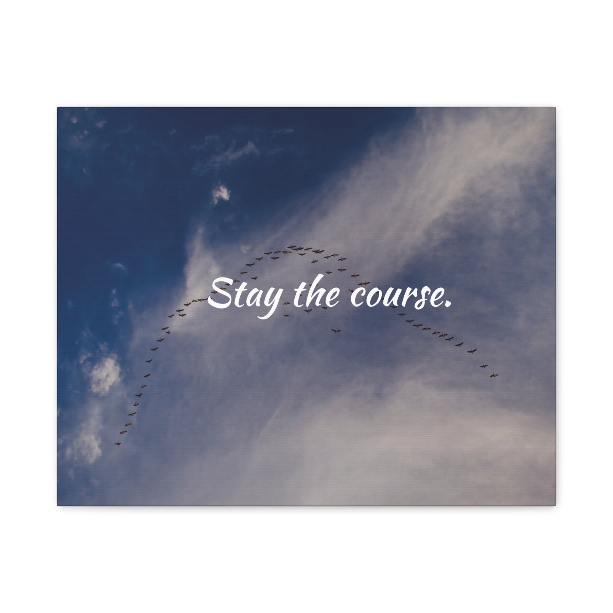 Birds flying in formation against a blue sky with the text 'Stay the course.'