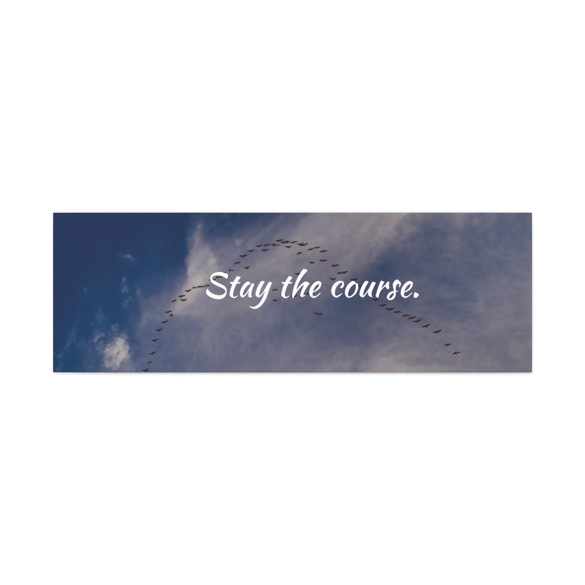 Birds flying in a V-formation against a blue sky with the text 'Stay the course.'
