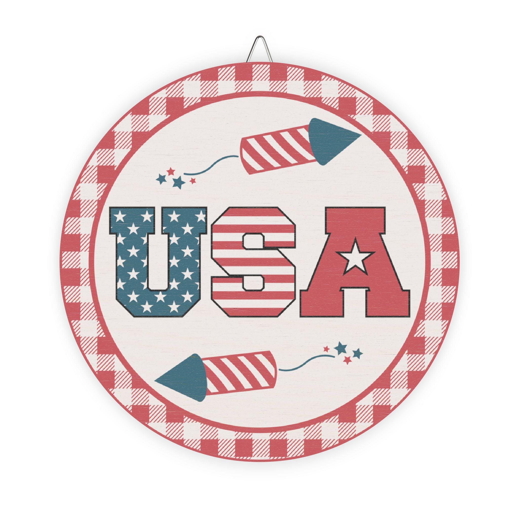 Decorative plate with 'USA' text and plaid border on a white background