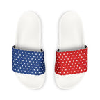White slides with blue and red patterned straps on a white background