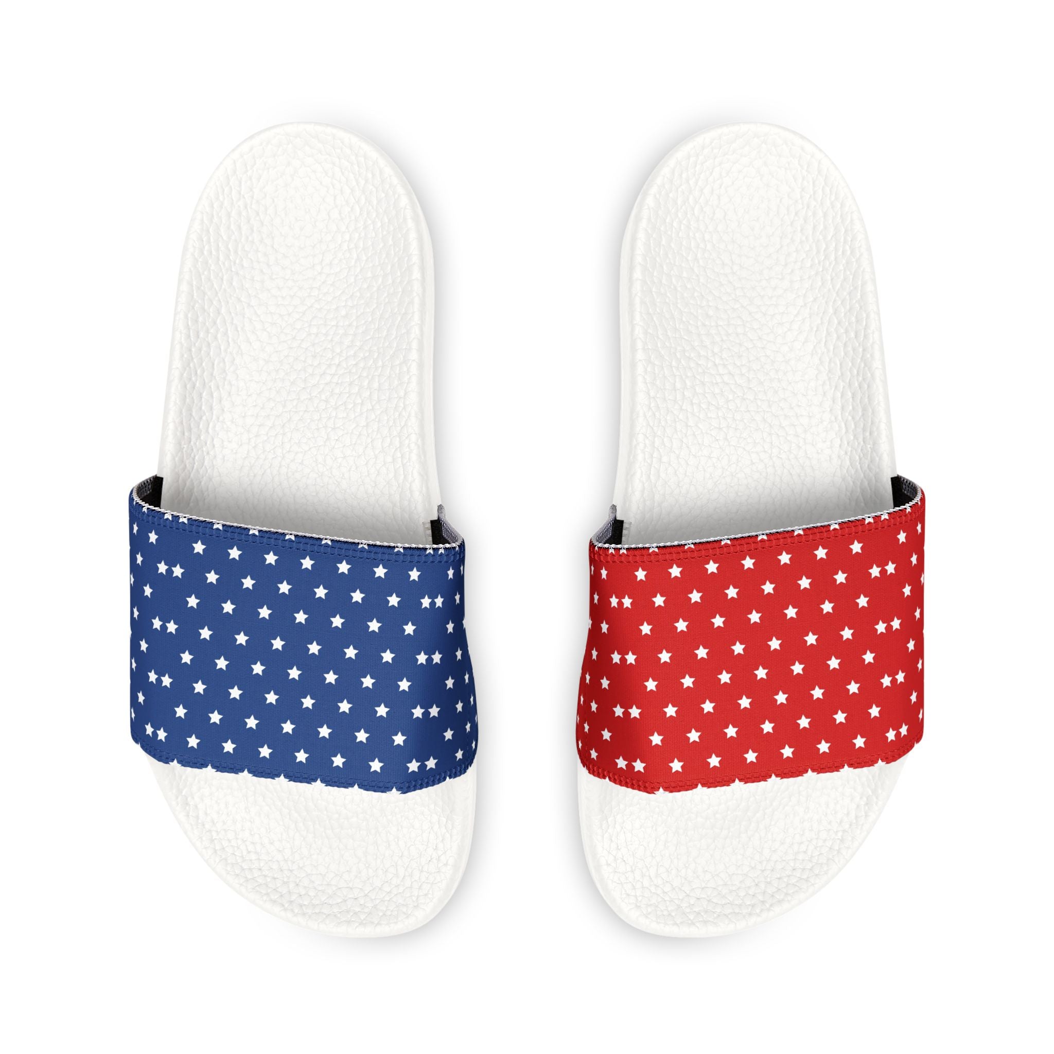 White slides with blue and red patterned straps on a white background