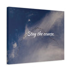 Canvas print with birds flying in a 'V' formation against a blue sky with clouds, featuring the text 'Stay the course.'