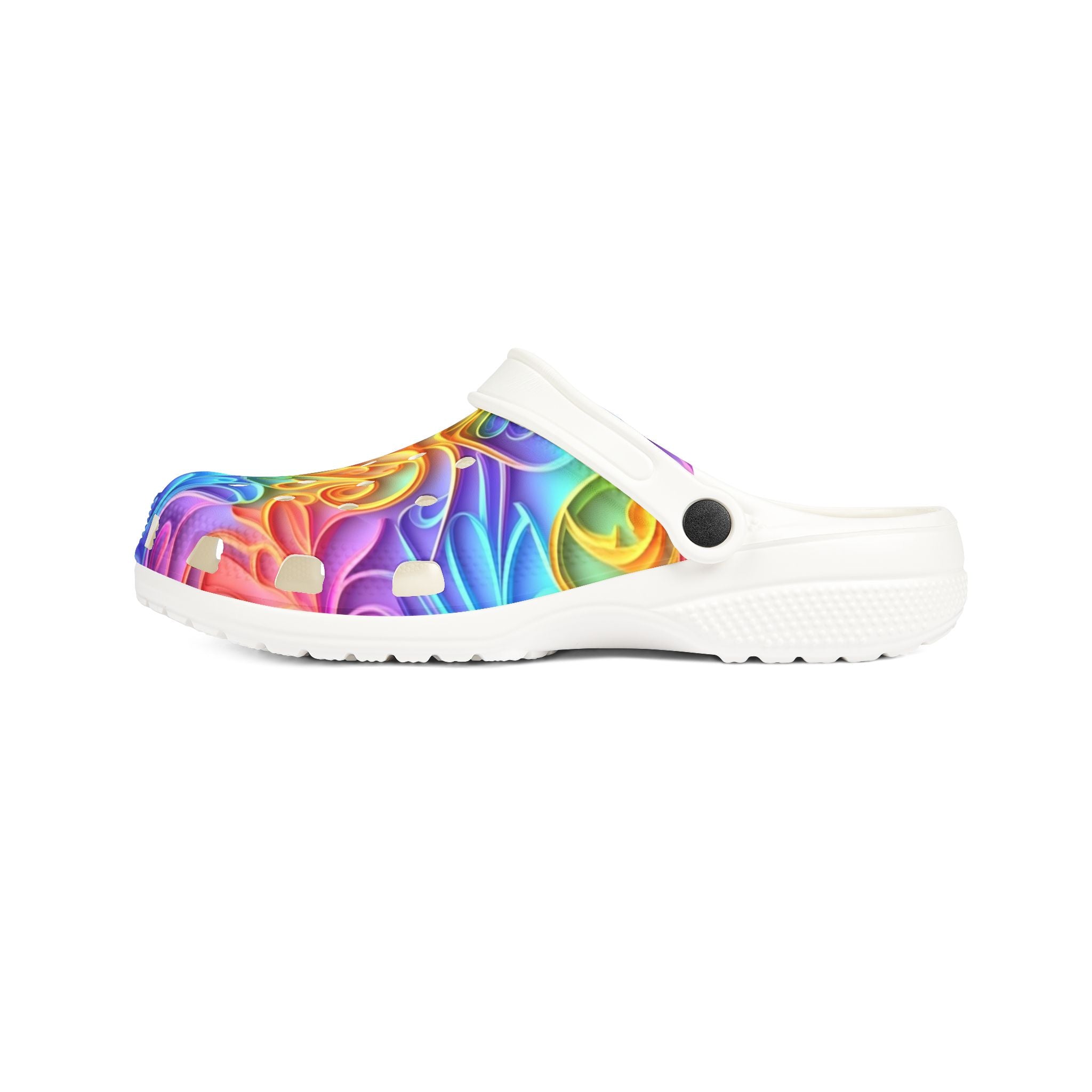 Colorful clog shoe with a abstract design on a white background