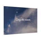 Dove-shaped formation of birds in the sky with 'Stay the course.' text